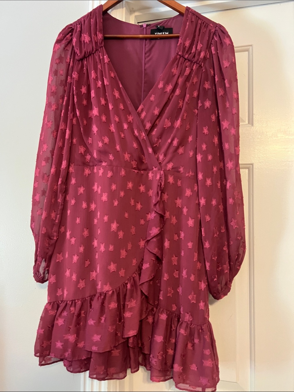 Yumi Kim Magenta Star-Print Ruffle Wrap Mini Dress